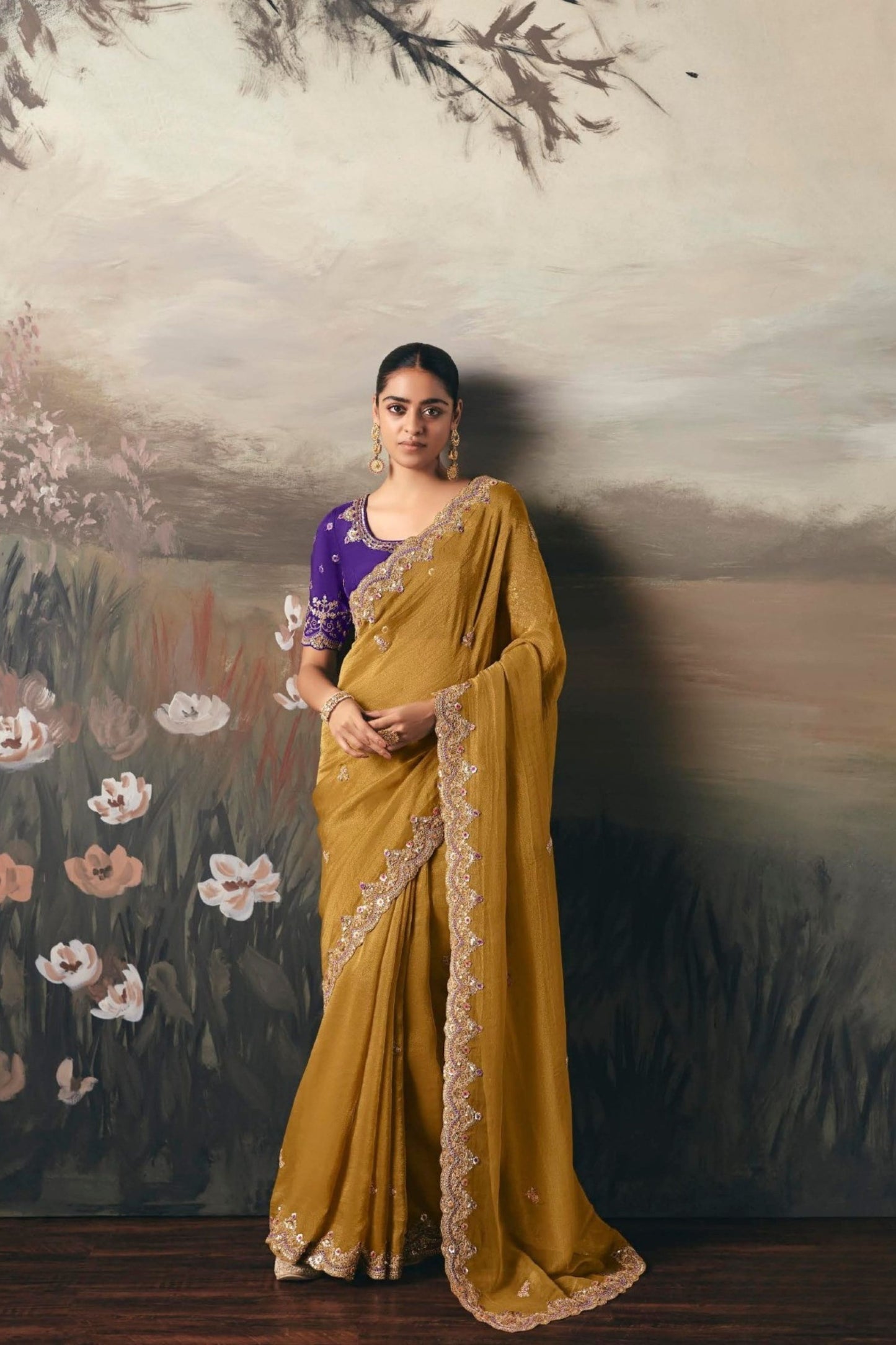 Designer Mustard Yellow Embroidered Silk Saree with Purple Blouse