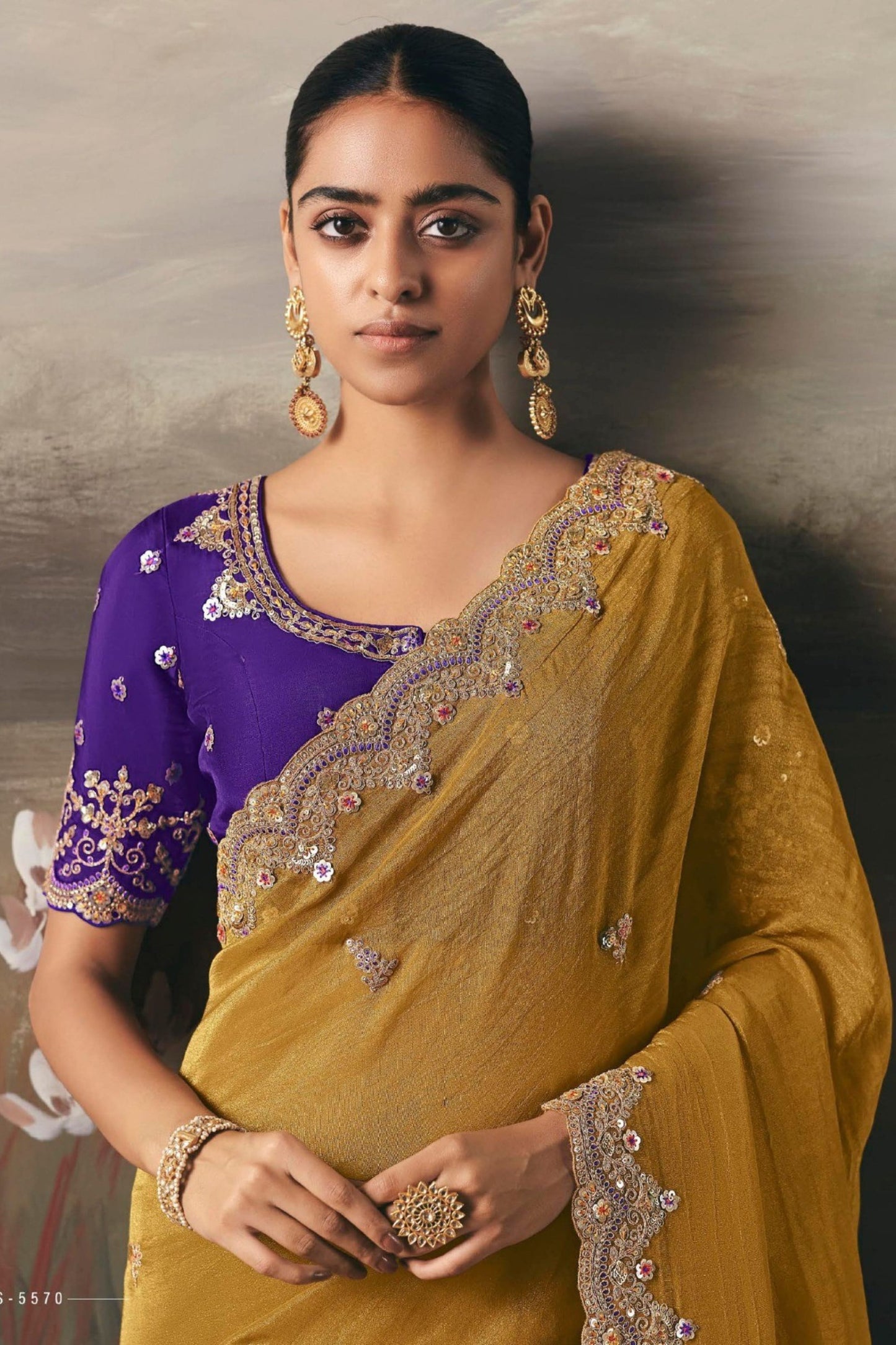 Designer Mustard Yellow Embroidered Silk Saree with Purple Blouse