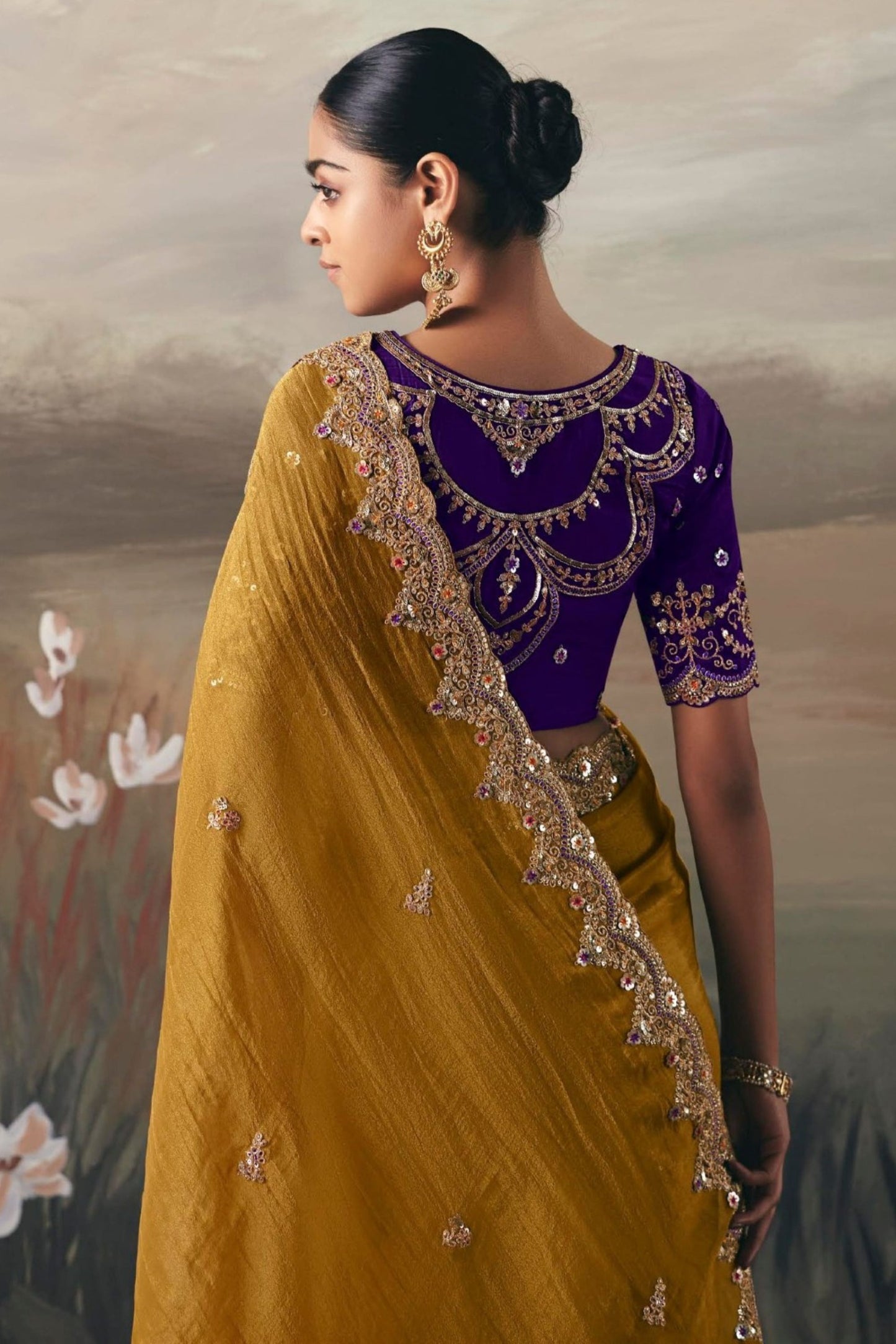 Designer Mustard Yellow Embroidered Silk Saree with Purple Blouse