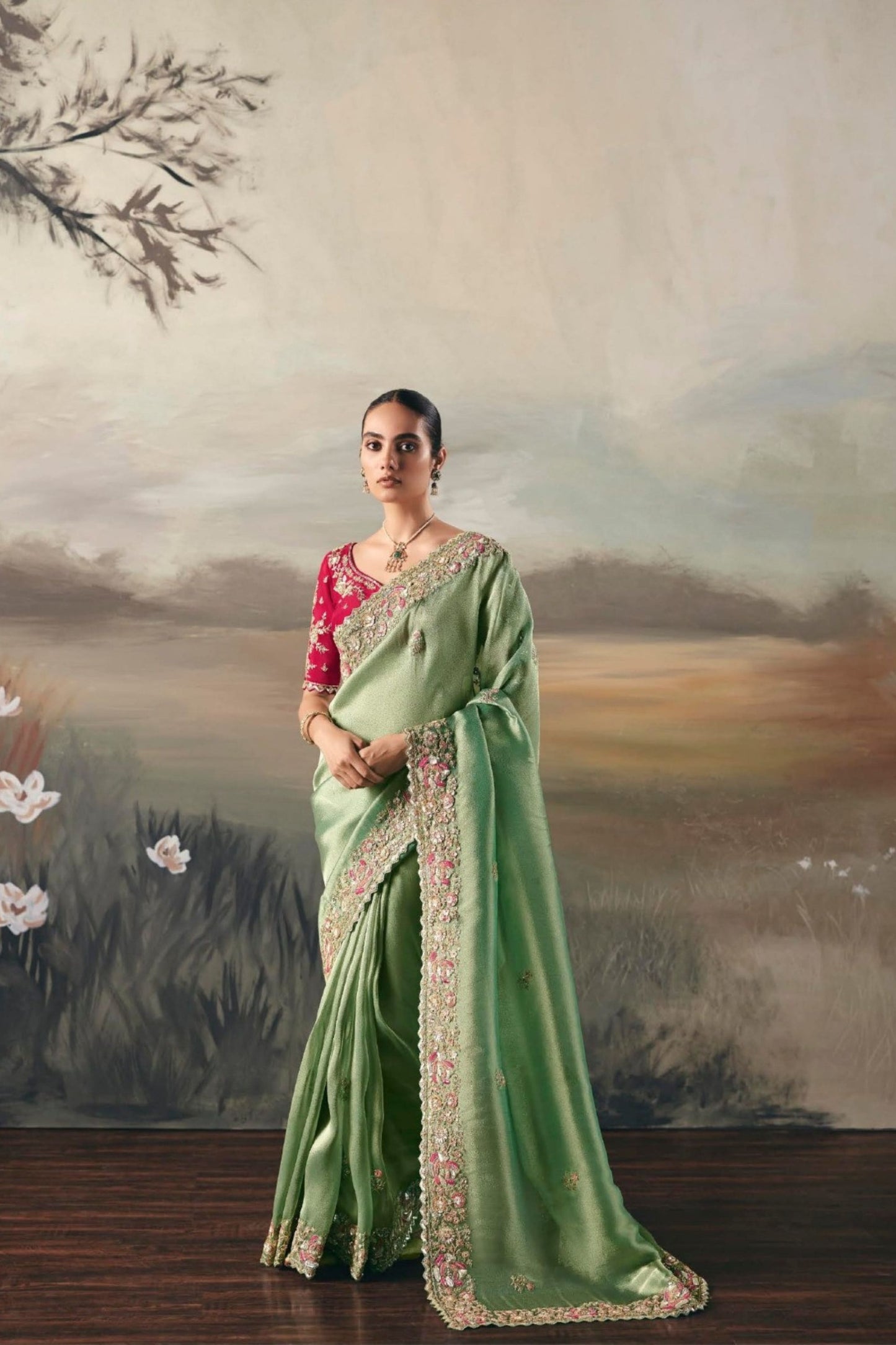Designer Sage Green Silk Saree Contrasting Red Embroidered Blouse