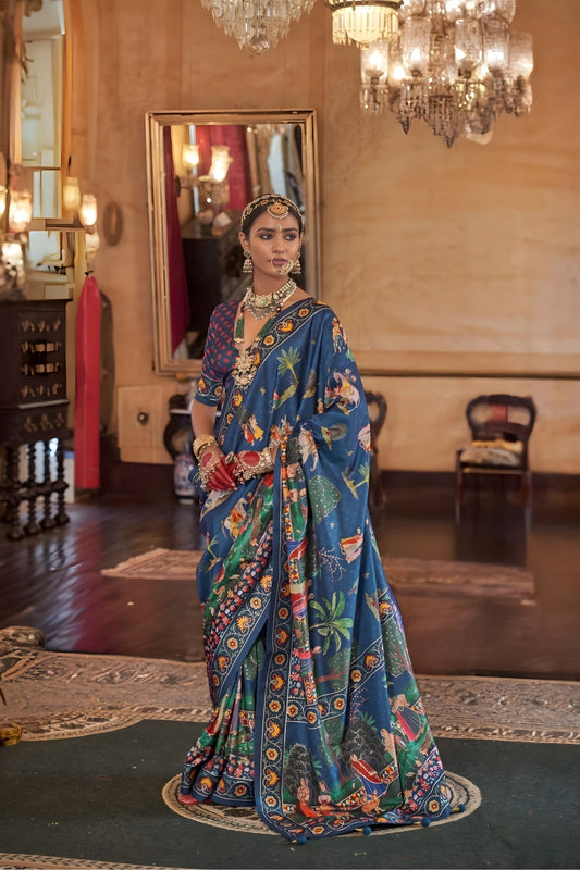 Navy Blue Designer Silk Saree Royal Rajasthani Print Floral Border