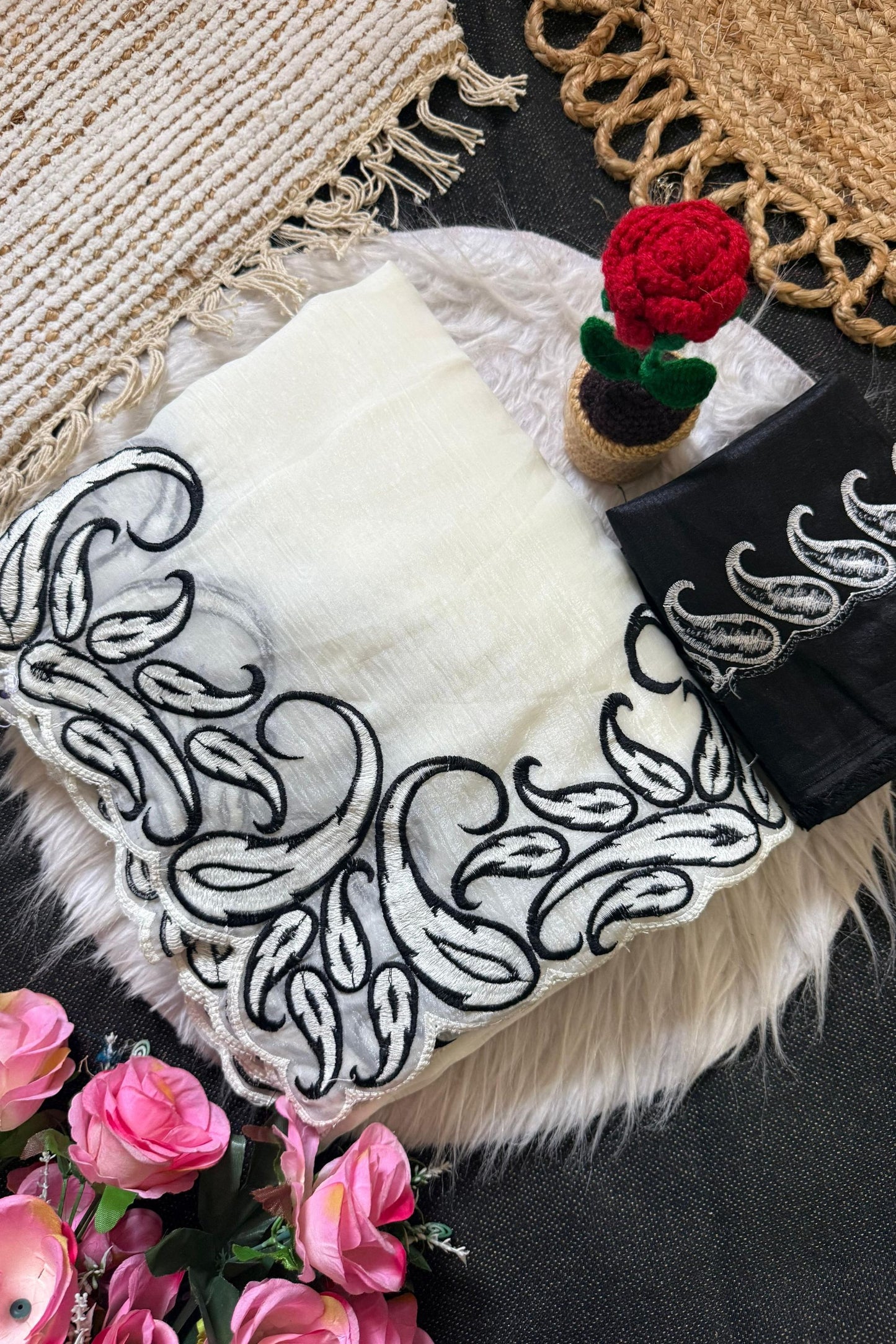 White Organza Saree with Black Embroidered Border