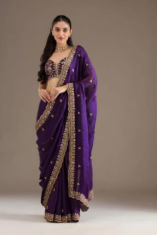 Royal Purple Silk Saree with Heavy Zari Embroidered Border Designer Blouse