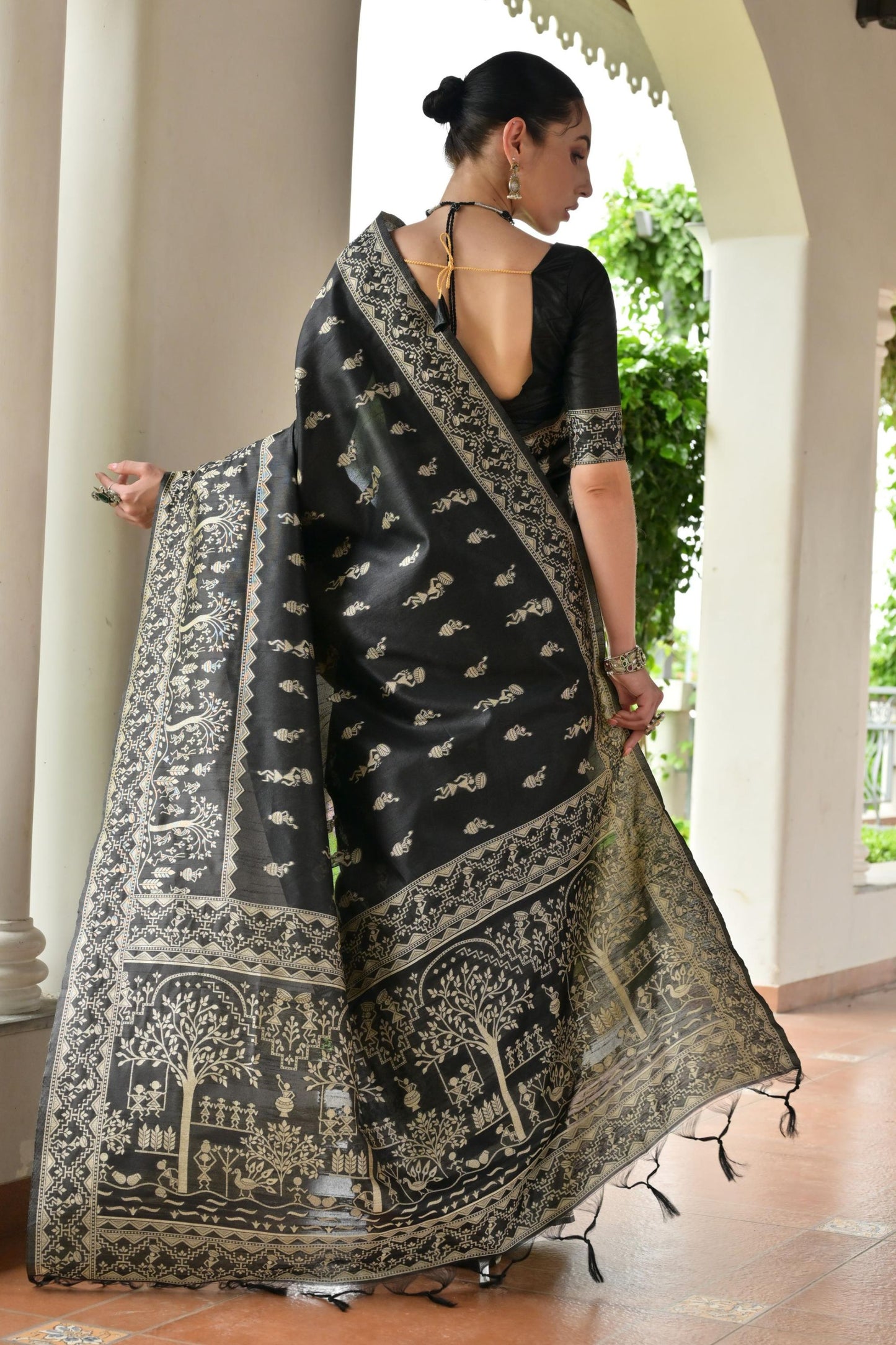 Black Cotton Silk Saree Traditional Woven Design and Rich Border