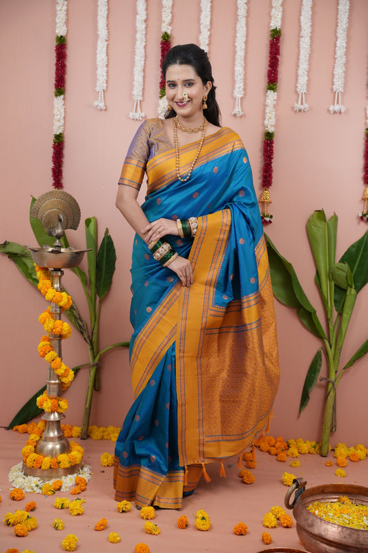 Royal Blue Silk Saree Mustard Gold Woven Border Traditional Design
