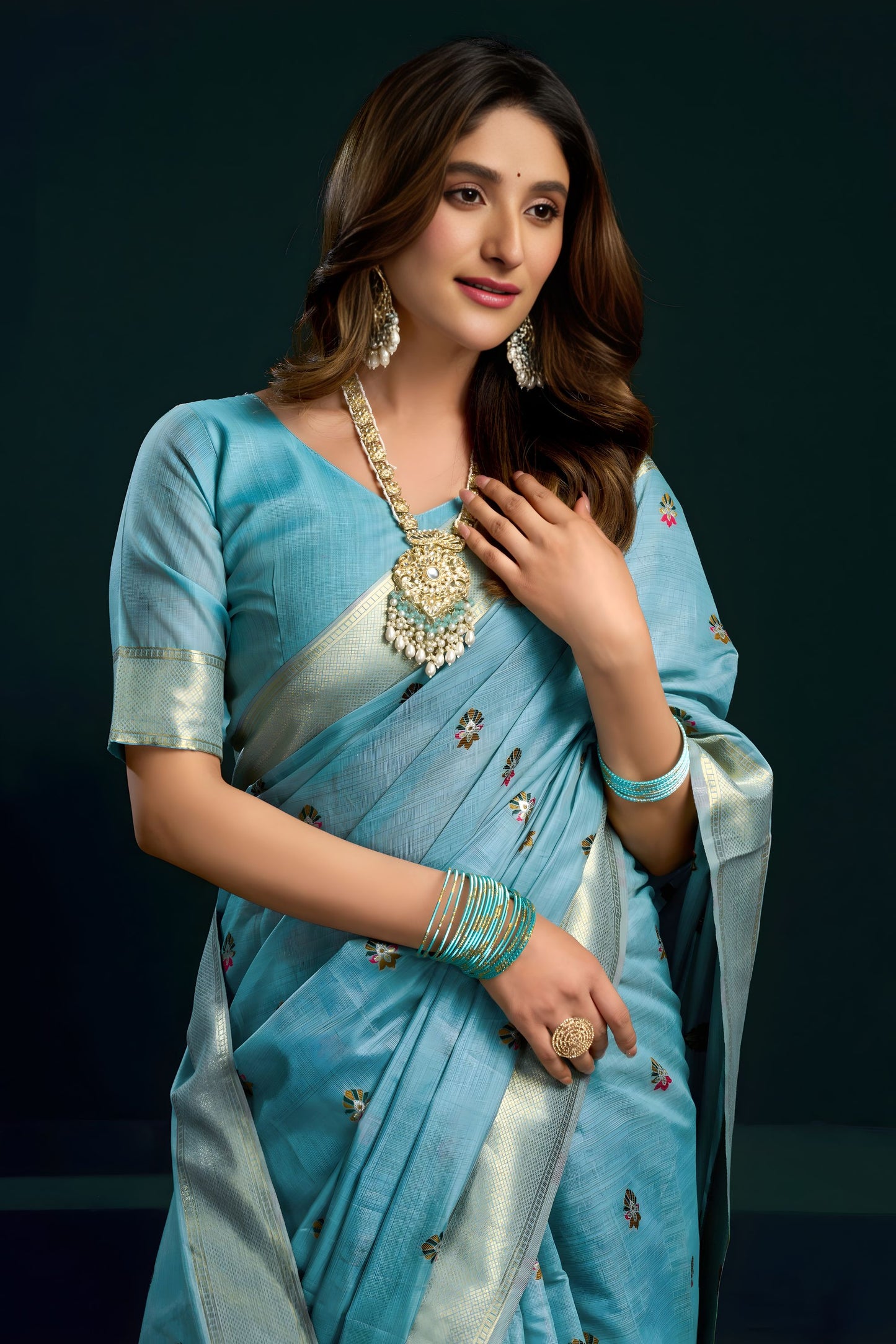 Sky Blue Soft Silk Saree with Floral Embroidery Gold Zari Border