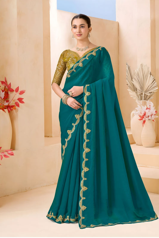 Teal Green Silk Saree Designer Embroidered Border Party Wear Saree