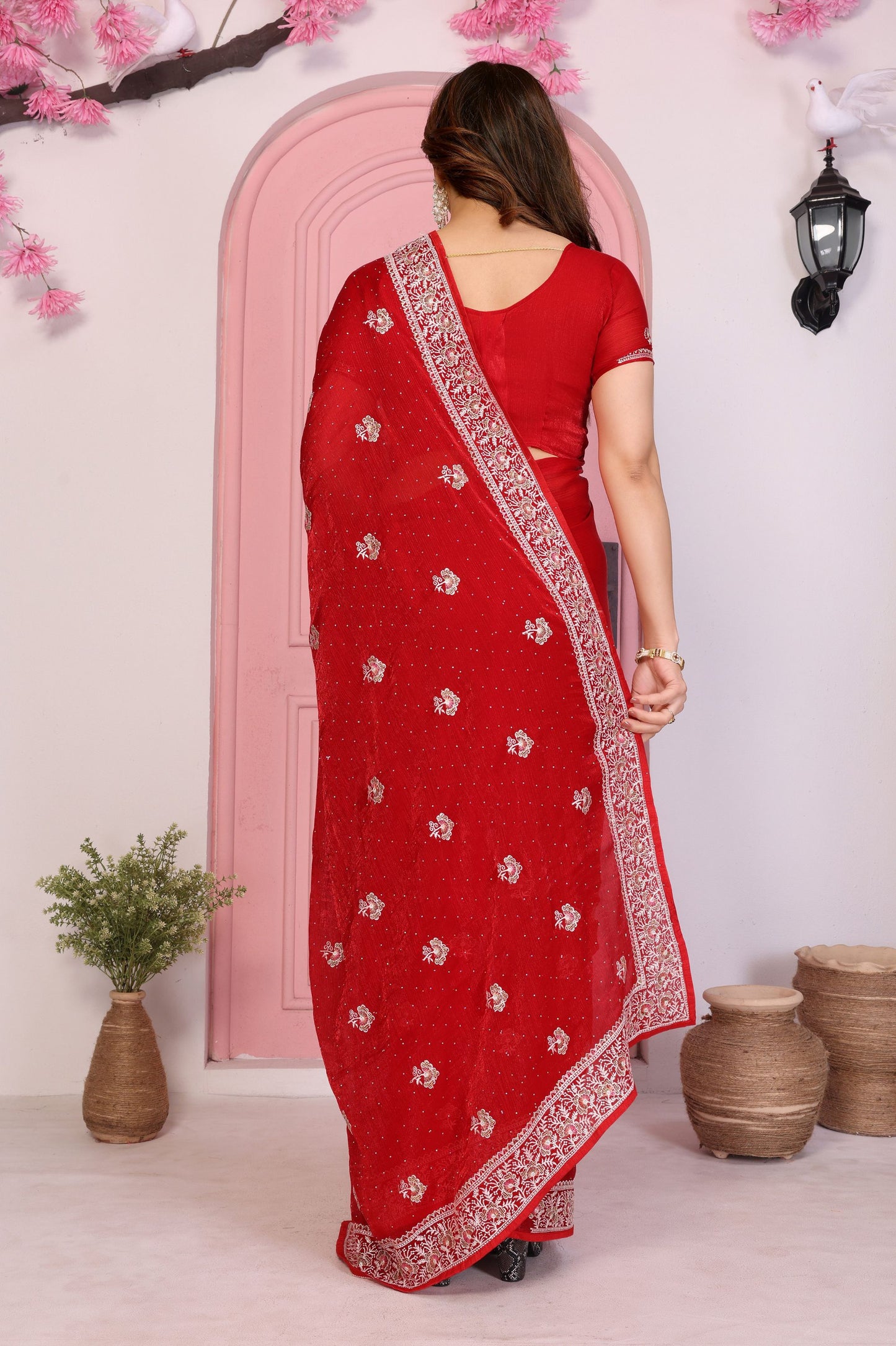 Elegant Red Embroidered Saree with Blouse Party Wear