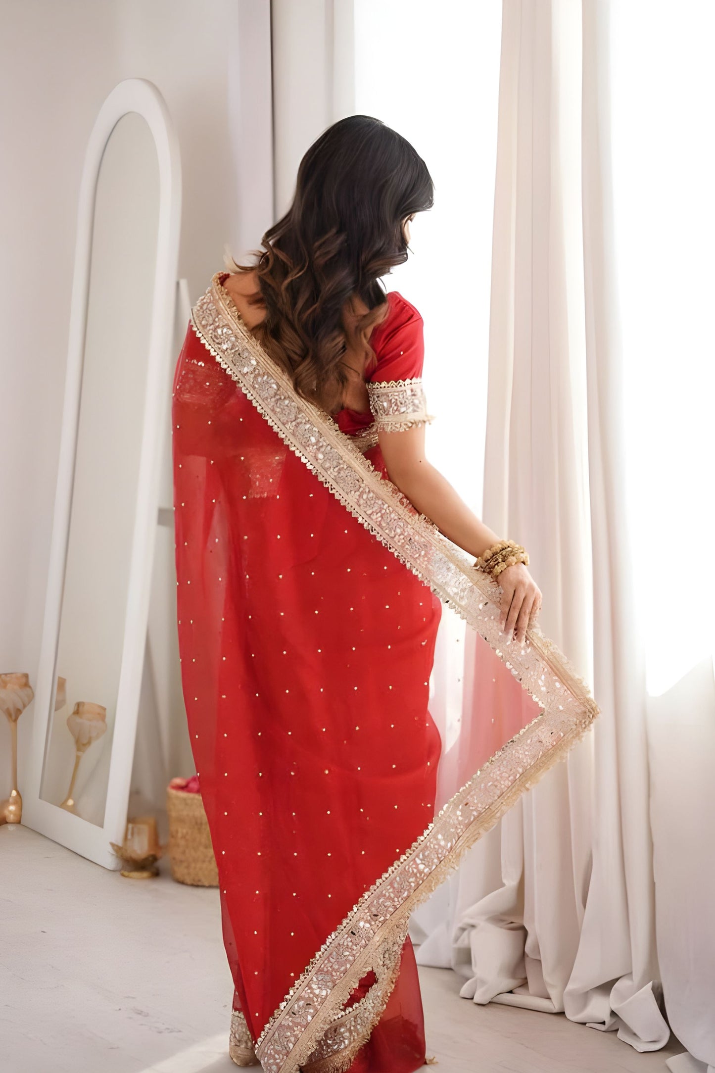 Designer Red Georgette Saree with Heavy Embroidery Sequin Work