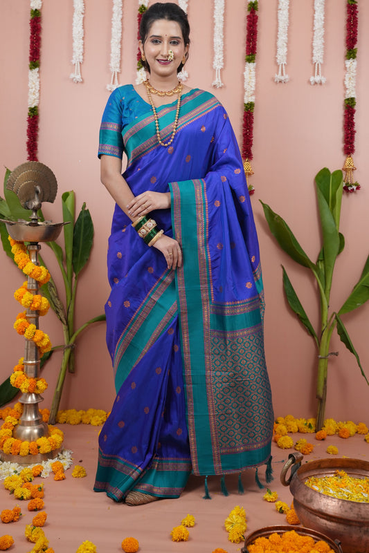 Royal Blue Silk Saree with Teal Woven Border Traditional Design