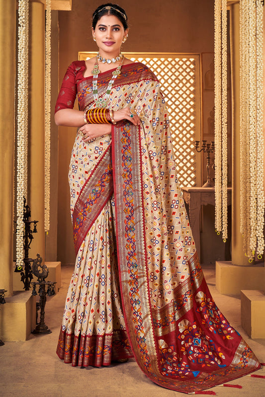 Elegant Cream and Maroon Patola Silk with Traditional Print Saree
