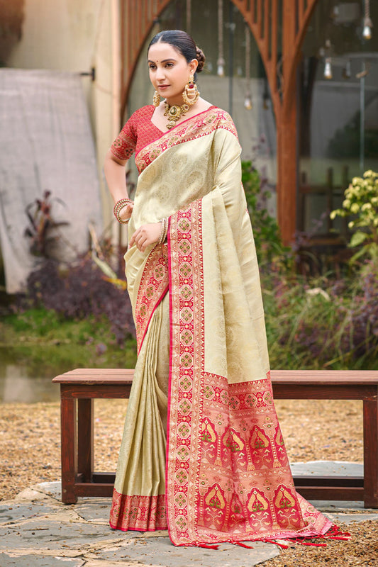 Beige Silk Saree Red Pink Banarasi Border Traditional Saree