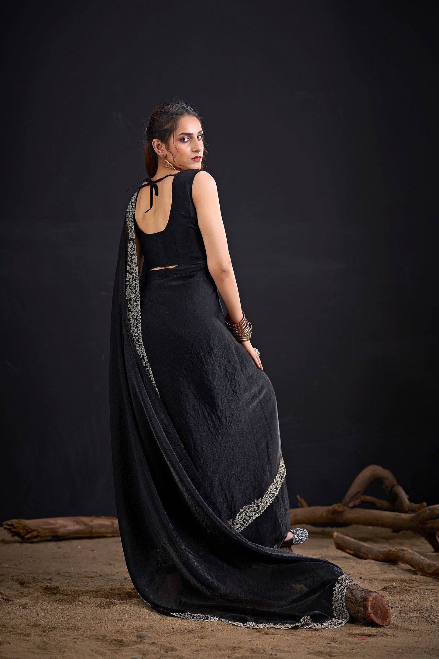 Black Organza Silk Saree Embroidered Border Designer Saree