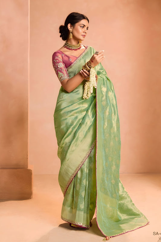 Pastel Green Soft Silk Saree with Woven Butti Designer Blouse