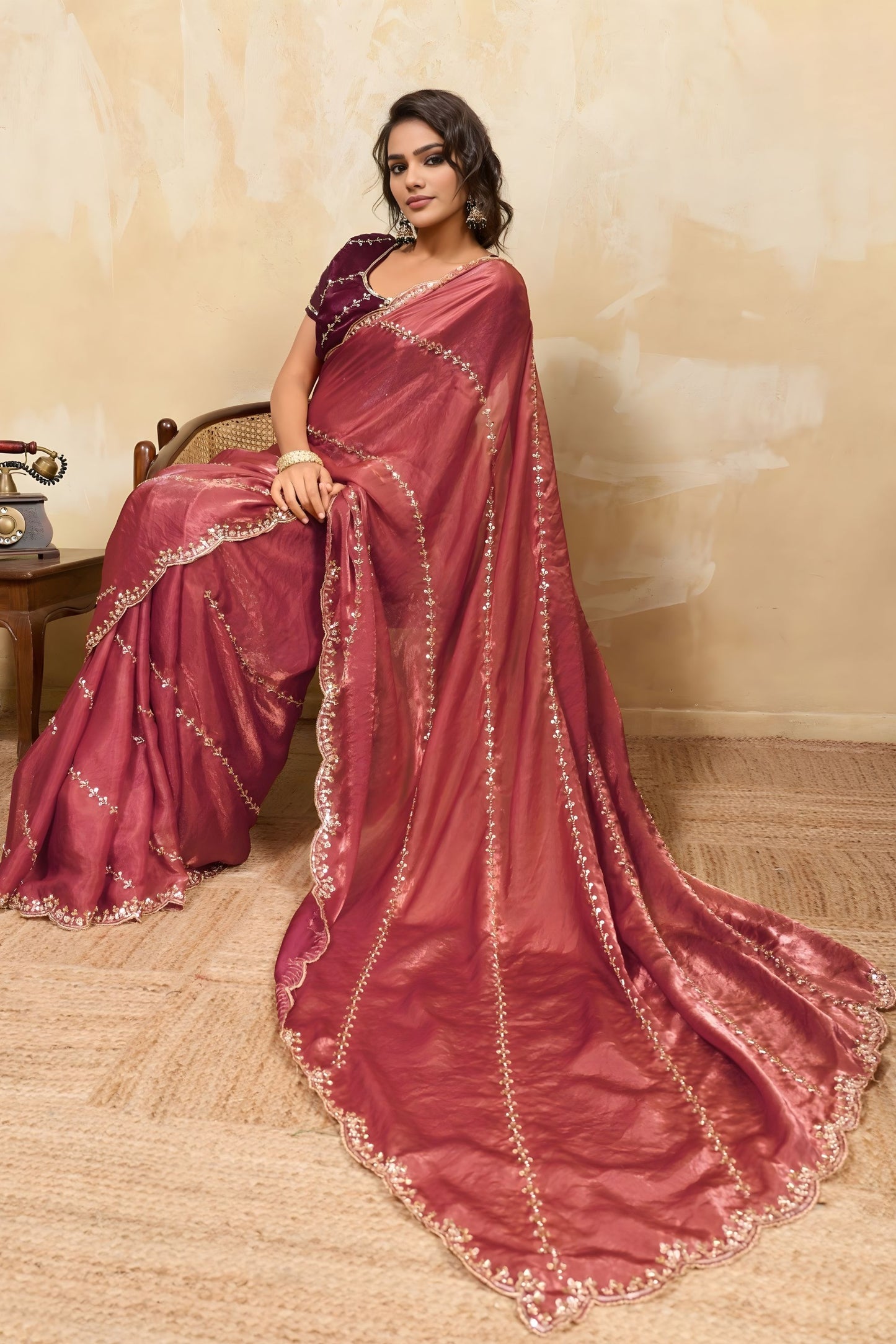 Rose Pink Silk Blend Saree Golden Zari Embroidery Designer Blouse