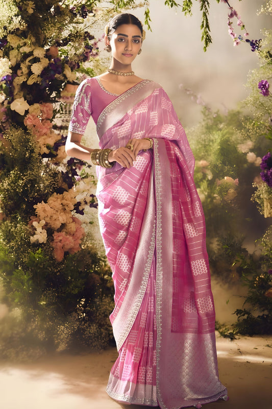 Pink Soft Silk Saree with Silver Zari Weaving Designer Blouse