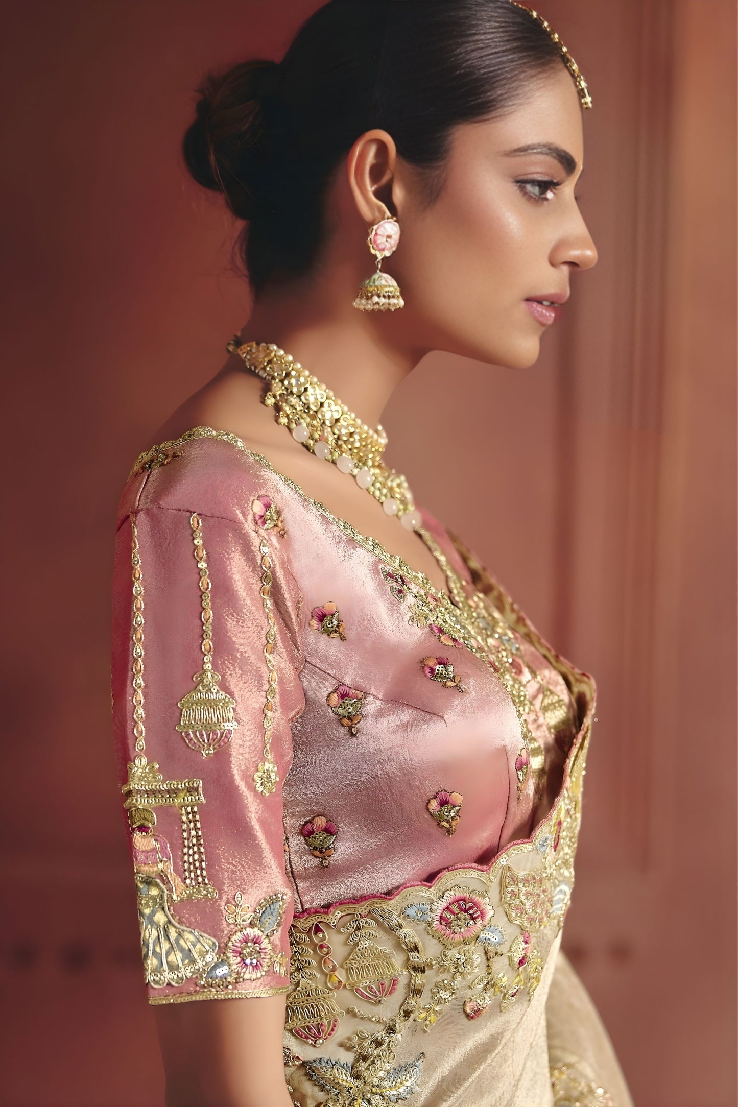 Cream Gold Silk Bridal Saree with Heavy Zari Embroidery Designer Blouse