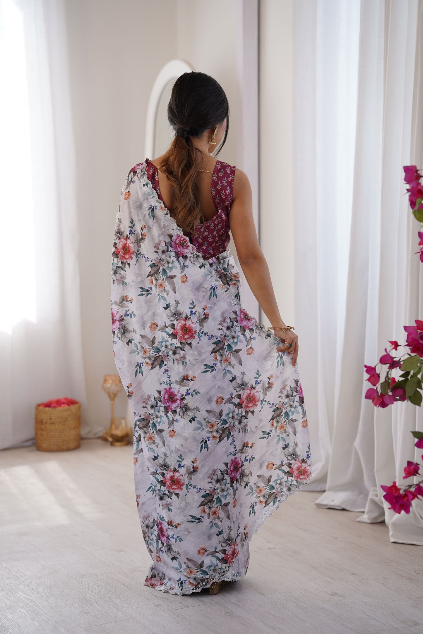 Elegant White Floral Printed Linen Saree with Designer Lace Border