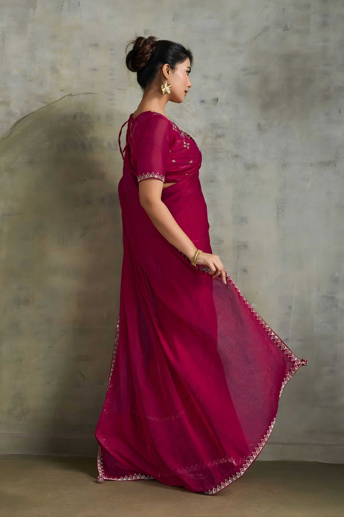 Rani Pink Chiffon Saree with Zari Border Designer Party Wear Saree