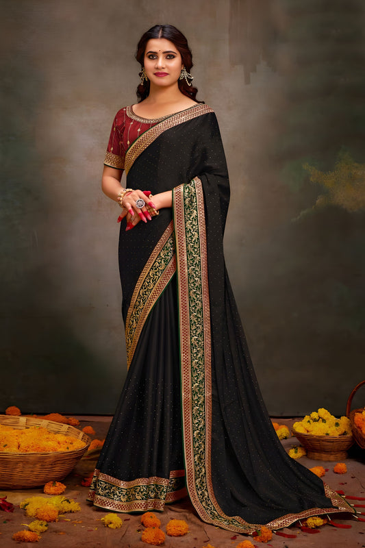 Black Designer Saree with Embroidered Border Contrast Blouse