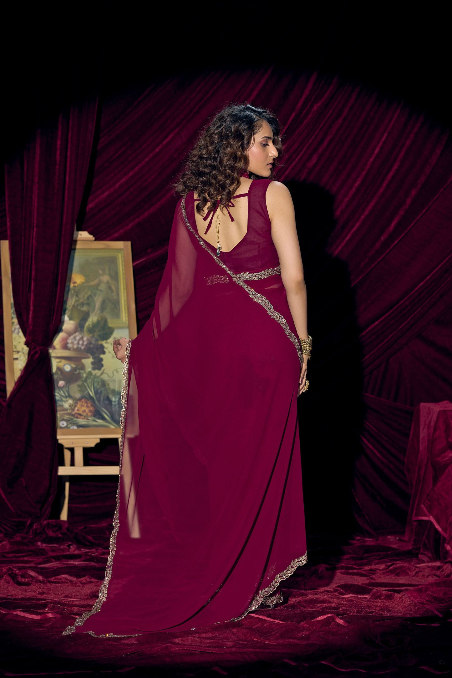 Wine Red Georgette Saree with Embroidered Border Designer Saree