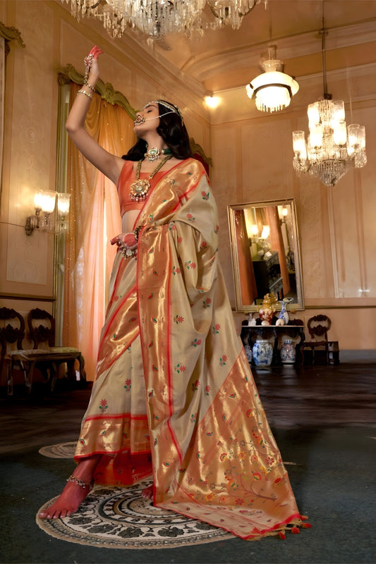 Light Gold Banarasi Silk Saree Red Border Zari Weaving Traditional Saree