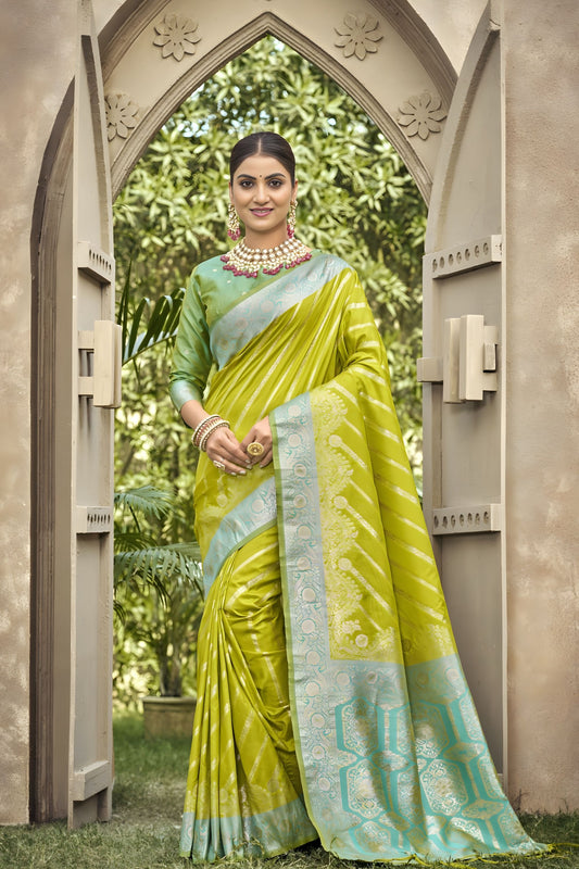 Lime Green Banarasi Silk Saree Sky Blue Zari Border Traditional Saree