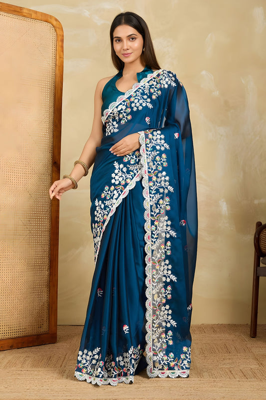 Teal Blue Embroidered Georgette Saree Heavy Floral Border Designer Blouse