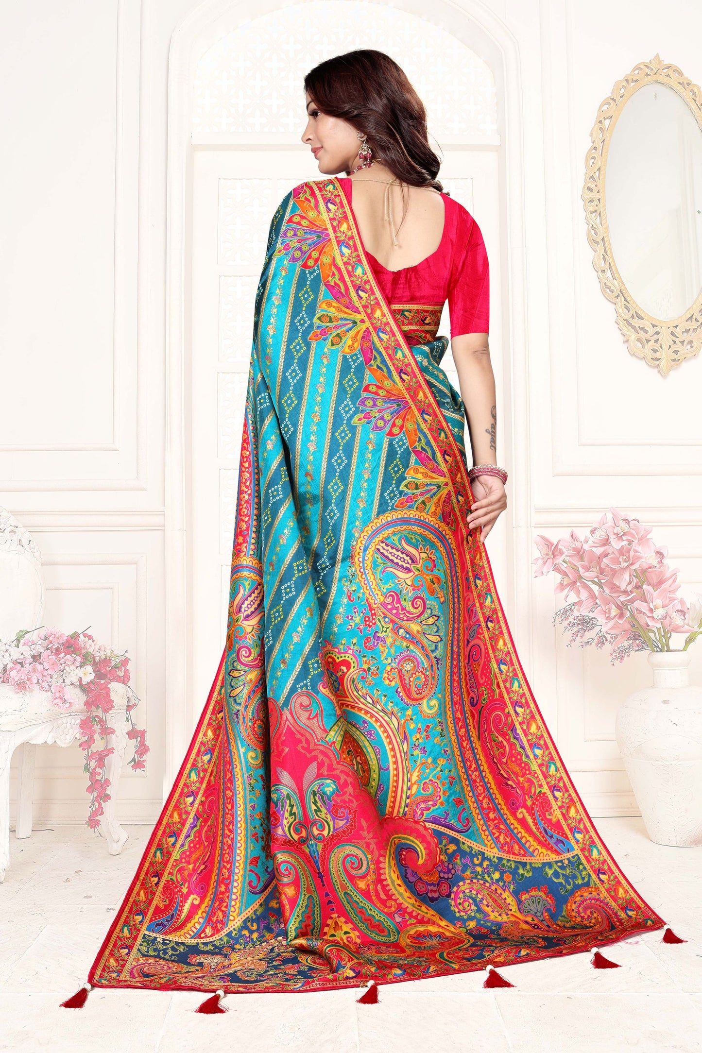 Teal Blue Multicolor Printed Saree Paisley Design Designer Saree