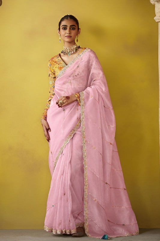 Pink Organza Saree with Embellished Border Designer Blouse