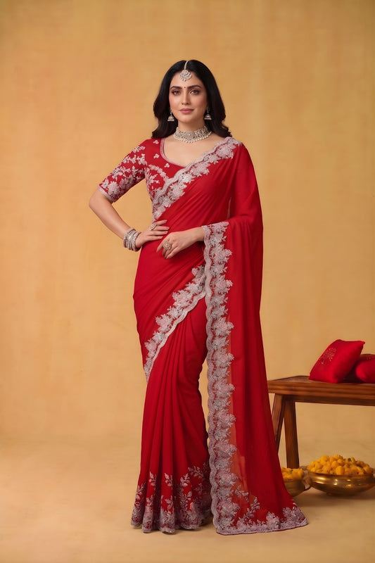 Royal Red Georgette Saree Heavy Sequins Embroidered Border Designer Blouse