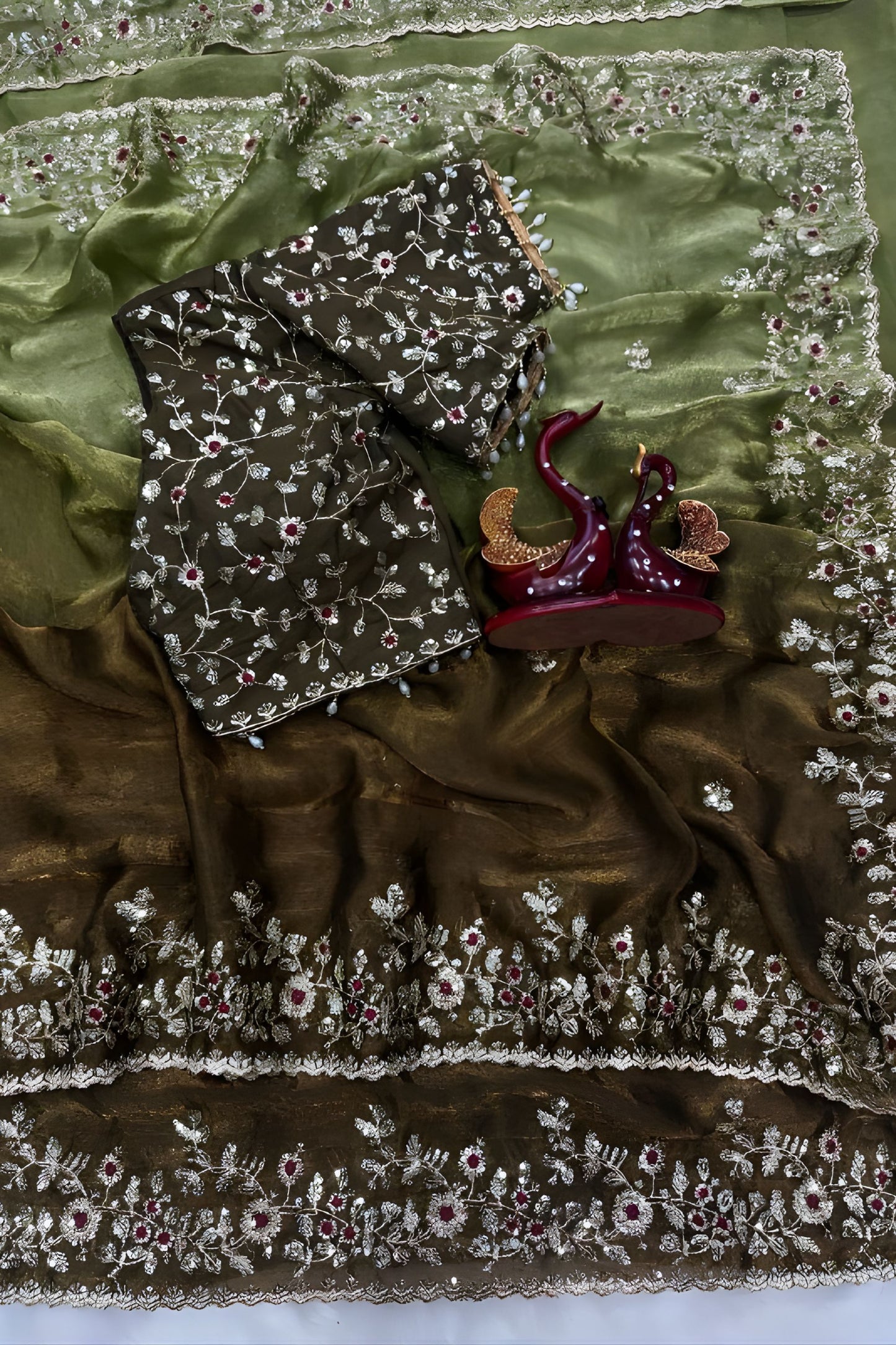 Olive Green Designer Silk Saree with Embroidered Border Sequins Work