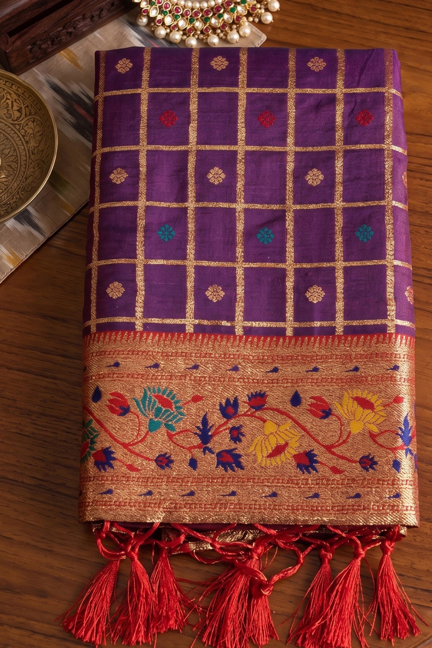 Purple Paithani Silk Saree Traditional Zari Border Designer Red Blouse