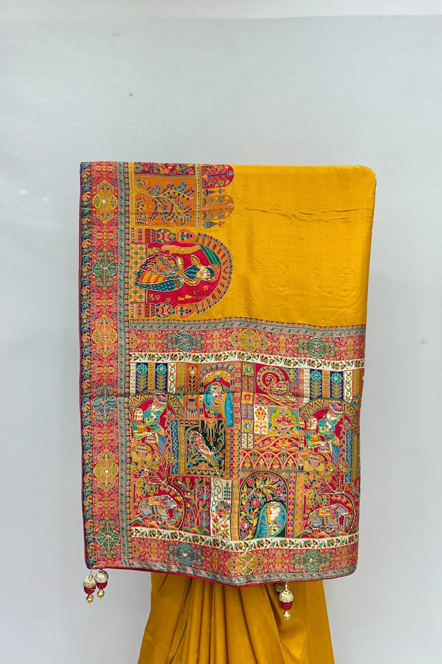 Mustard Yellow Madhubani Art Silk Saree with Multicolor Printed Pallu and Border