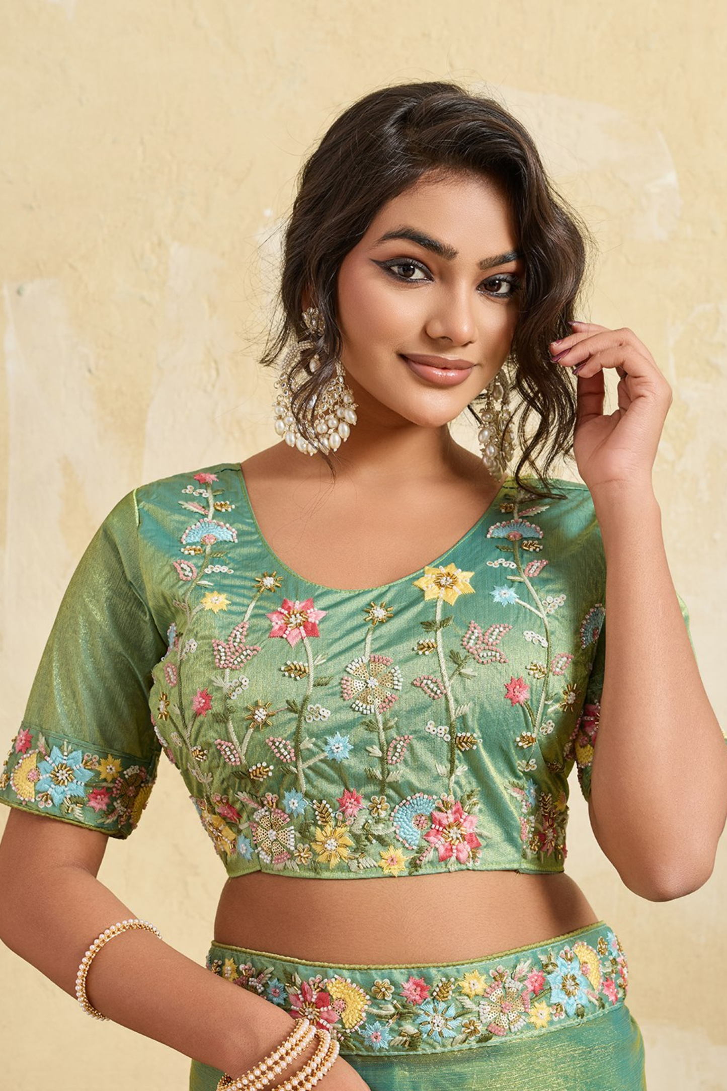 Sea Green Silk Saree with Floral Embroidered Border Designer Blouse