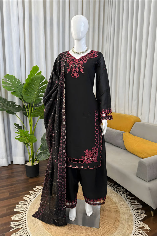 Elegant Black Heavy Embroidered Straight Palazzo Suit Designer Dupatta