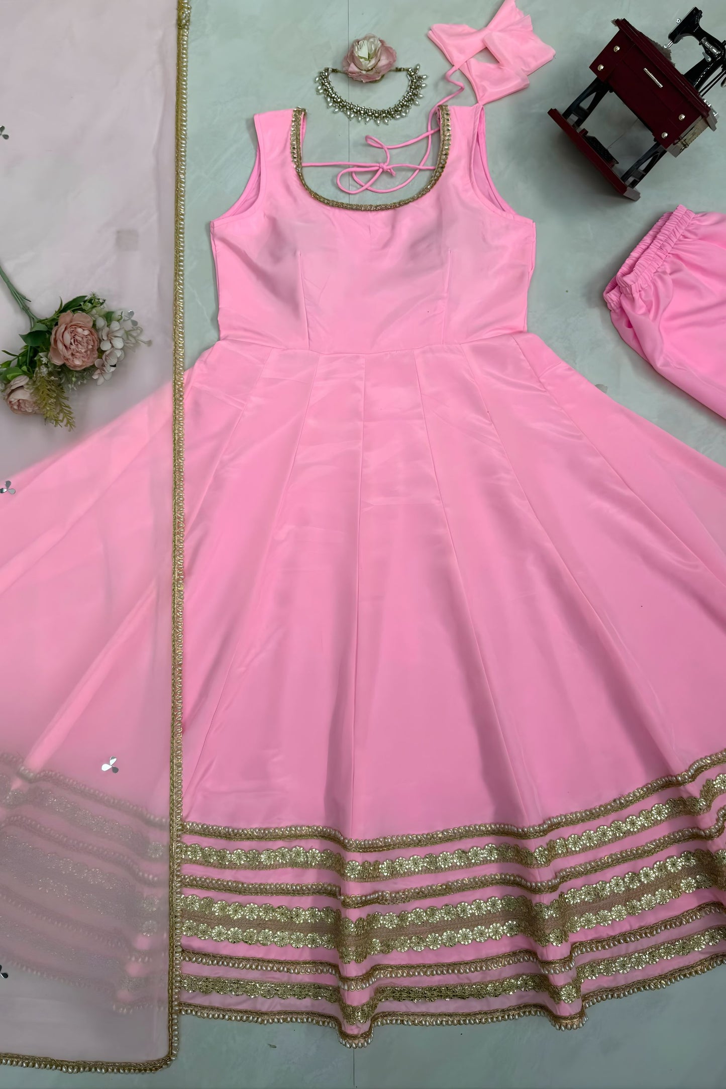 Beautiful Baby Pink Georgette Anarkali Soft Net Dupatta for Wedding