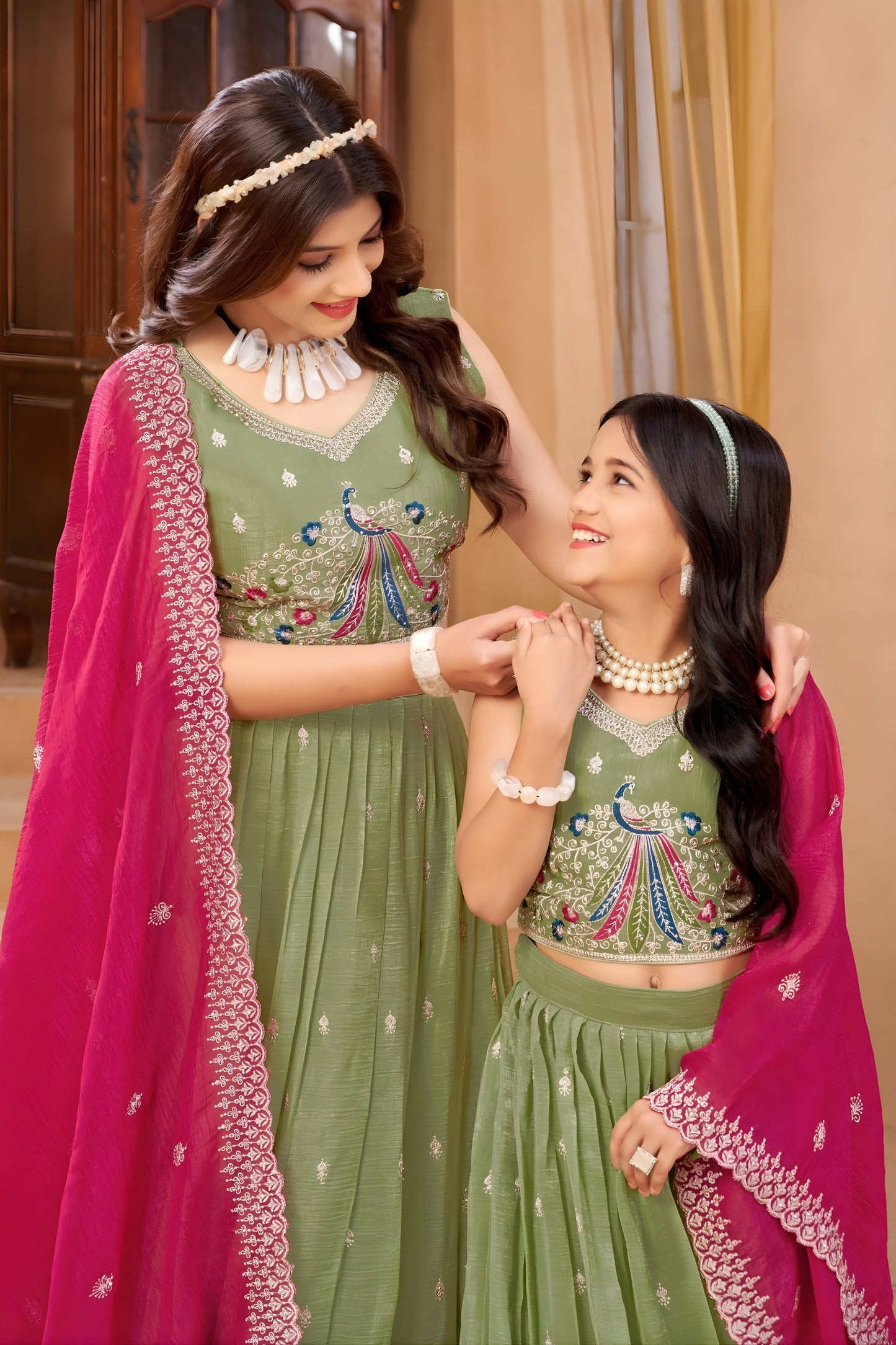 Elegant Pista Green Crunchy Silk Embroidered Lehenga Choli Set with Peacock Design and Dupatta