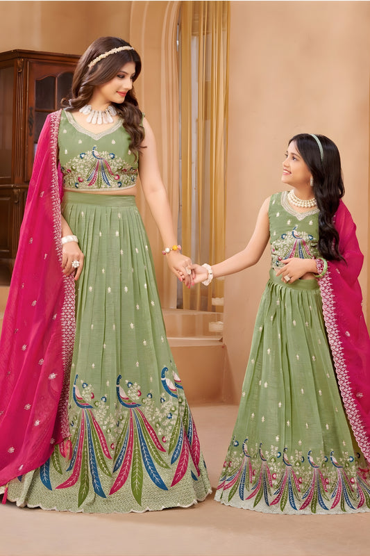 Elegant Pista Green Crunchy Silk Embroidered Lehenga Choli Set with Peacock Design and Dupatta
