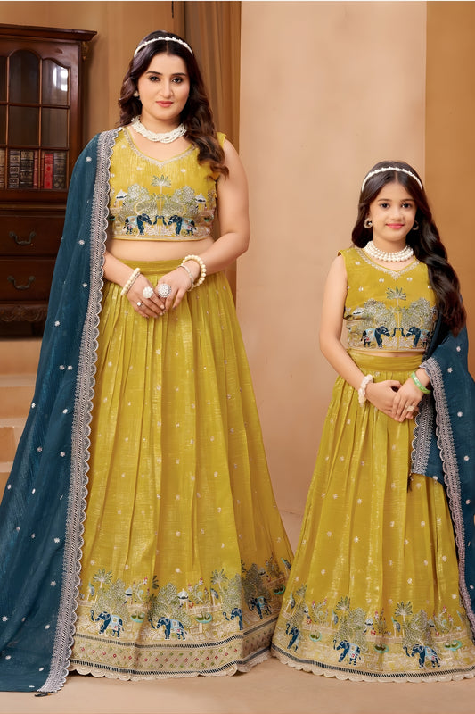 Beautiful Mustard Yellow Crunchy Silk Embroidered Lehenga Choli Set with Elephant Design and Dupatta