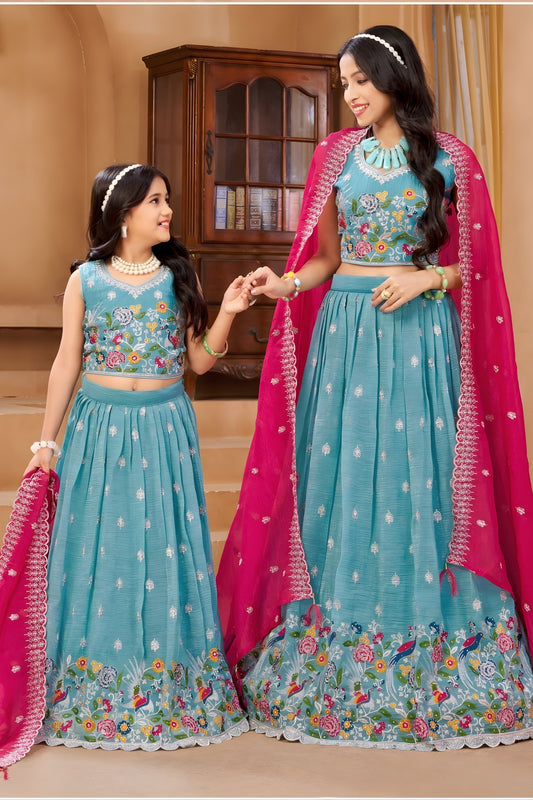Lovely Teal Blue Crunchy Silk Embroidered Lehenga Choli Set with Elephant Design and Dupatta