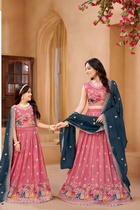 Stylish Pink Crunchy Silk Embroidered Lehenga Choli Set with Elephant Design and Dupatta