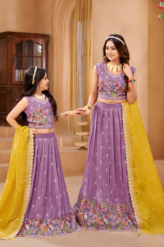 Fancy Lavender Crunchy Silk Embroidered Lehenga Choli Set with Peacock Design and Dupatta