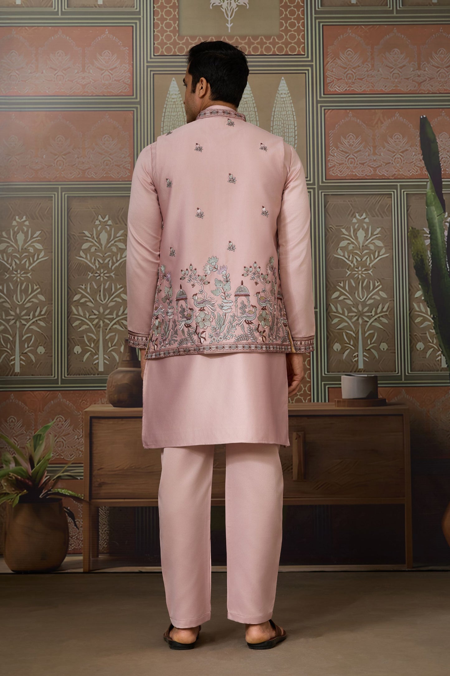 Graceful Pink Silk Embroidered Indo Western Kurta Pyjama Set with Jacket