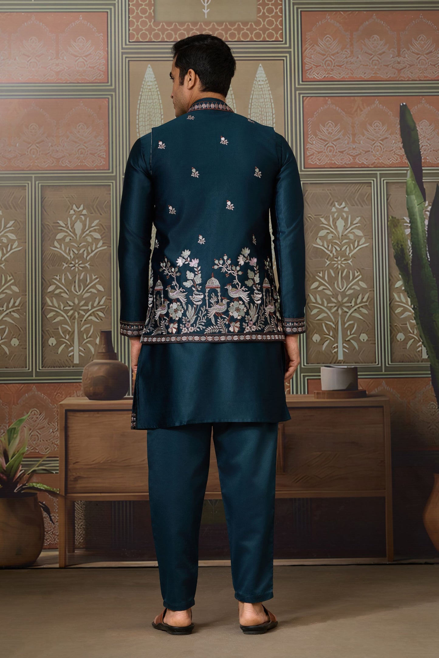 Classic Teal Blue Silk Embroidered Indo Western Kurta Pyjama Set with Jacket