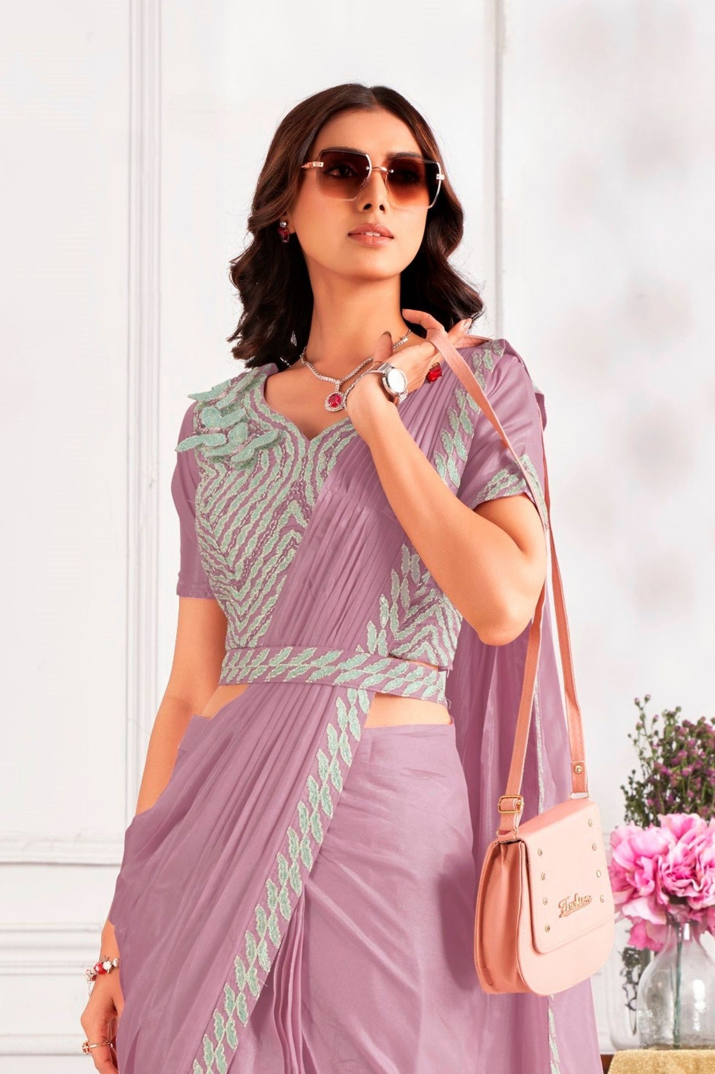 Stylish Lavender Designer Saree with Embroidered Blouse and Jacket