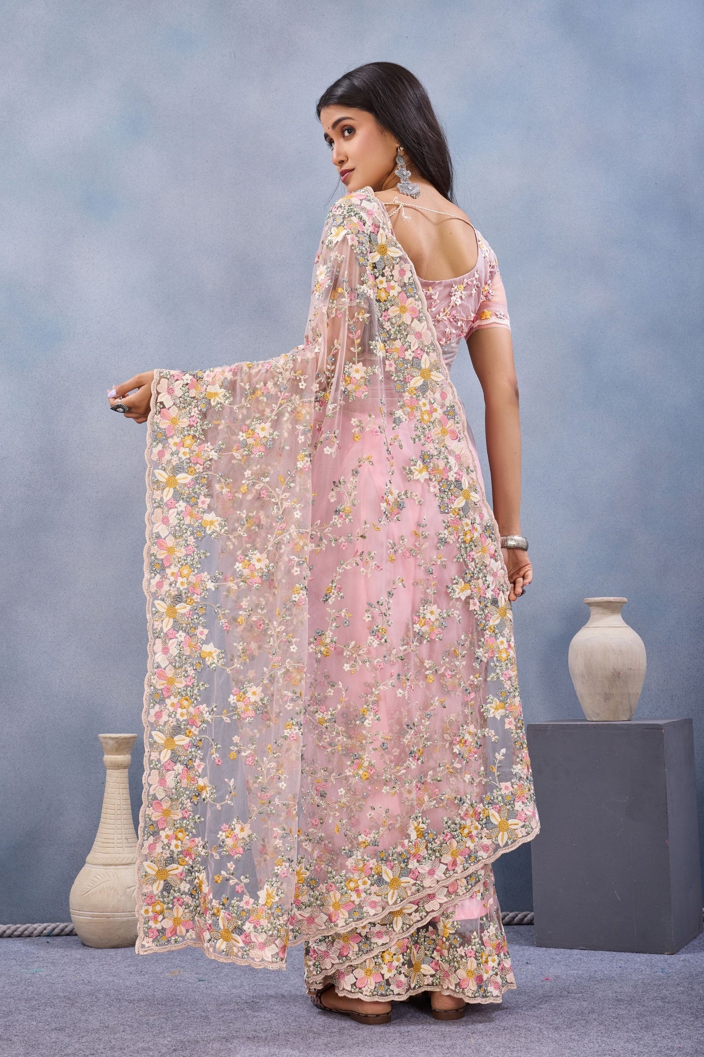 Dusty Pink Floral Embroidered Net Saree with Designer Border