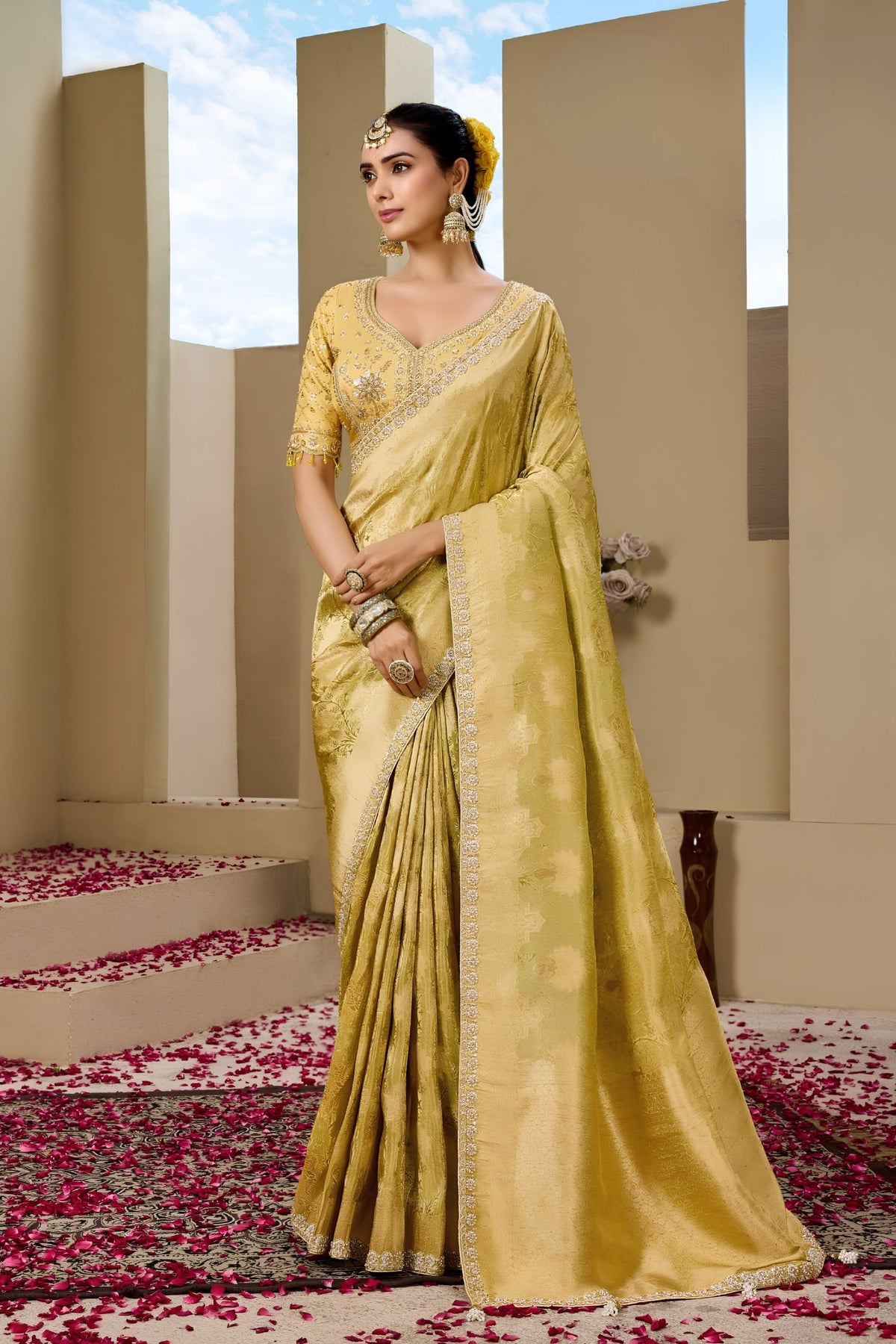 Elegant Mustard Yellow Premium Tissue Silk Heavy Beads Work for Women