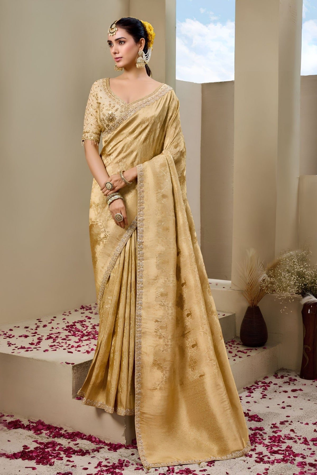 Graceful Golden Premium Tissue Silk Heavy Beads Work Saree for Women