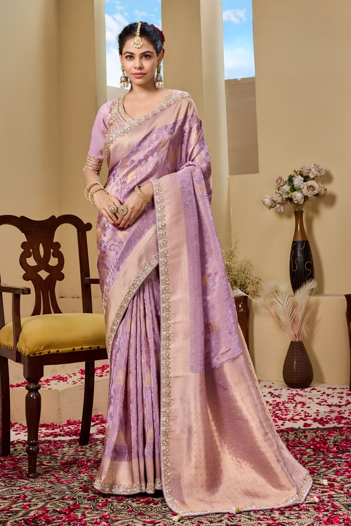 Stunning Lavender Premium Tissue Silk Heavy Beads Work Saree for Women